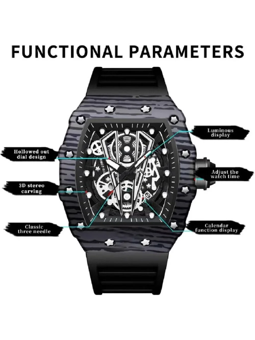Men's All Black Analog Quartz Silicone Strap Barrel-Shaped Skeleton Luxury Watch